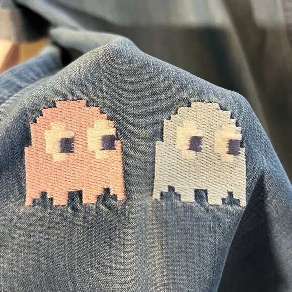 Justice Girls PAC-MAN Chambray Denim w Embroidery Short-Sleeve Button-Up SZ XL - Picture 9 of 10